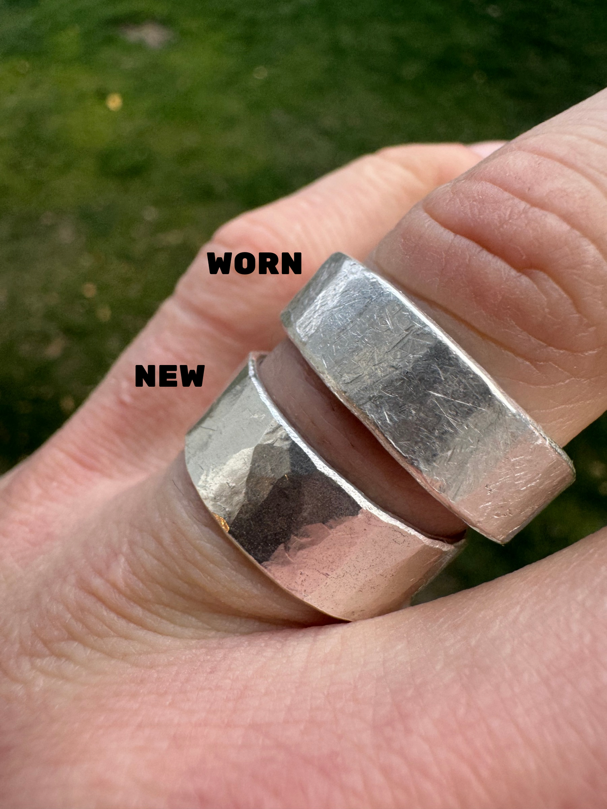 Pure .999 silver rings on a finger — worn vs freshly forged comparison